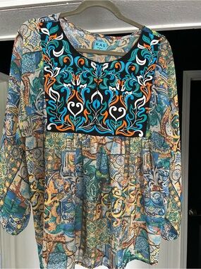 KAS Teal Multi Embroidered Sheer Blouse
